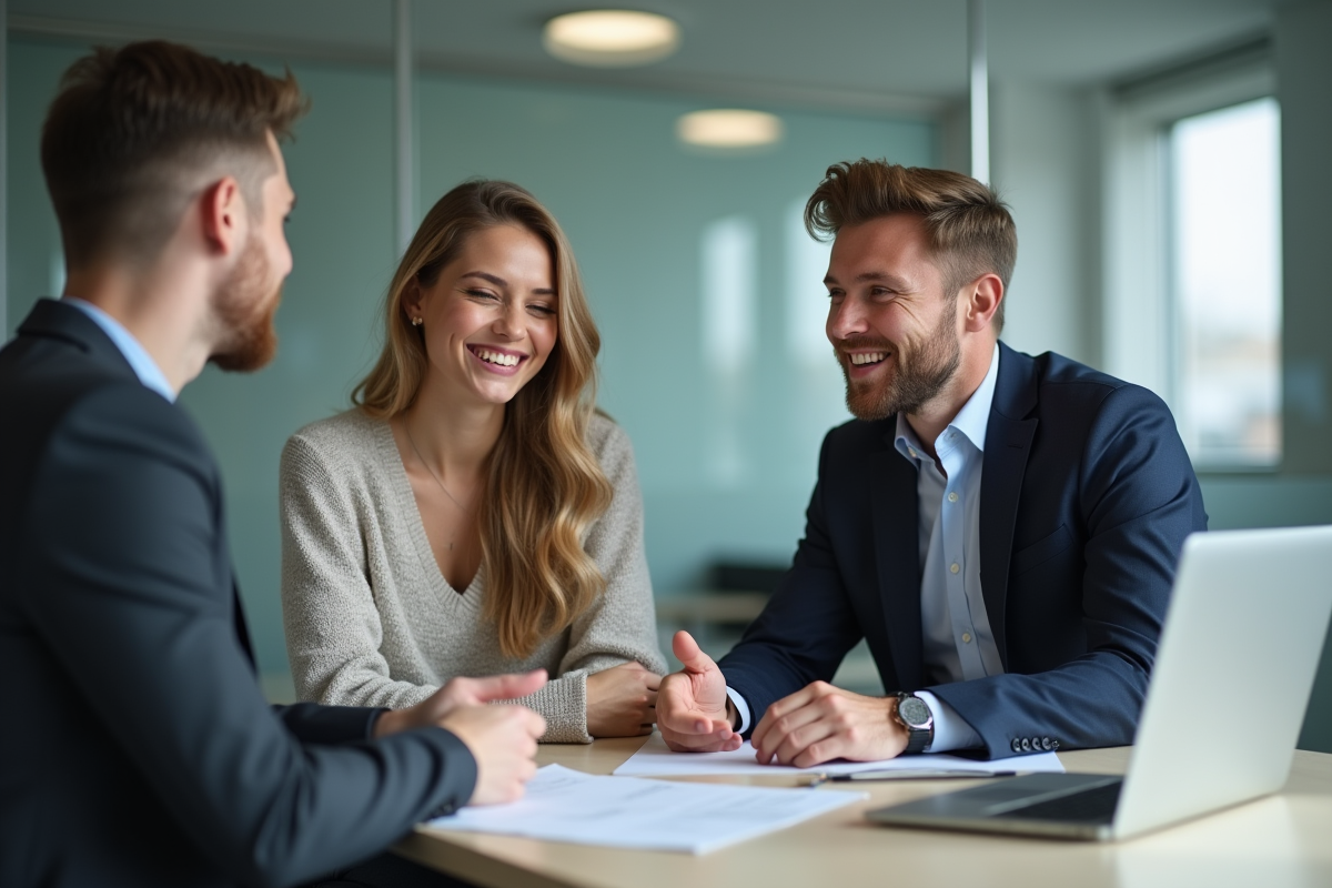 Jeune couple discutant avec un conseiller financier dans un bureau professionnel