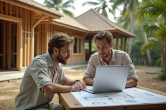 Couple occidental planifiant la construction d'une maison en Thaïlande avec des plans et un budget sur ordinateur portable, chantier en arrière-plan
