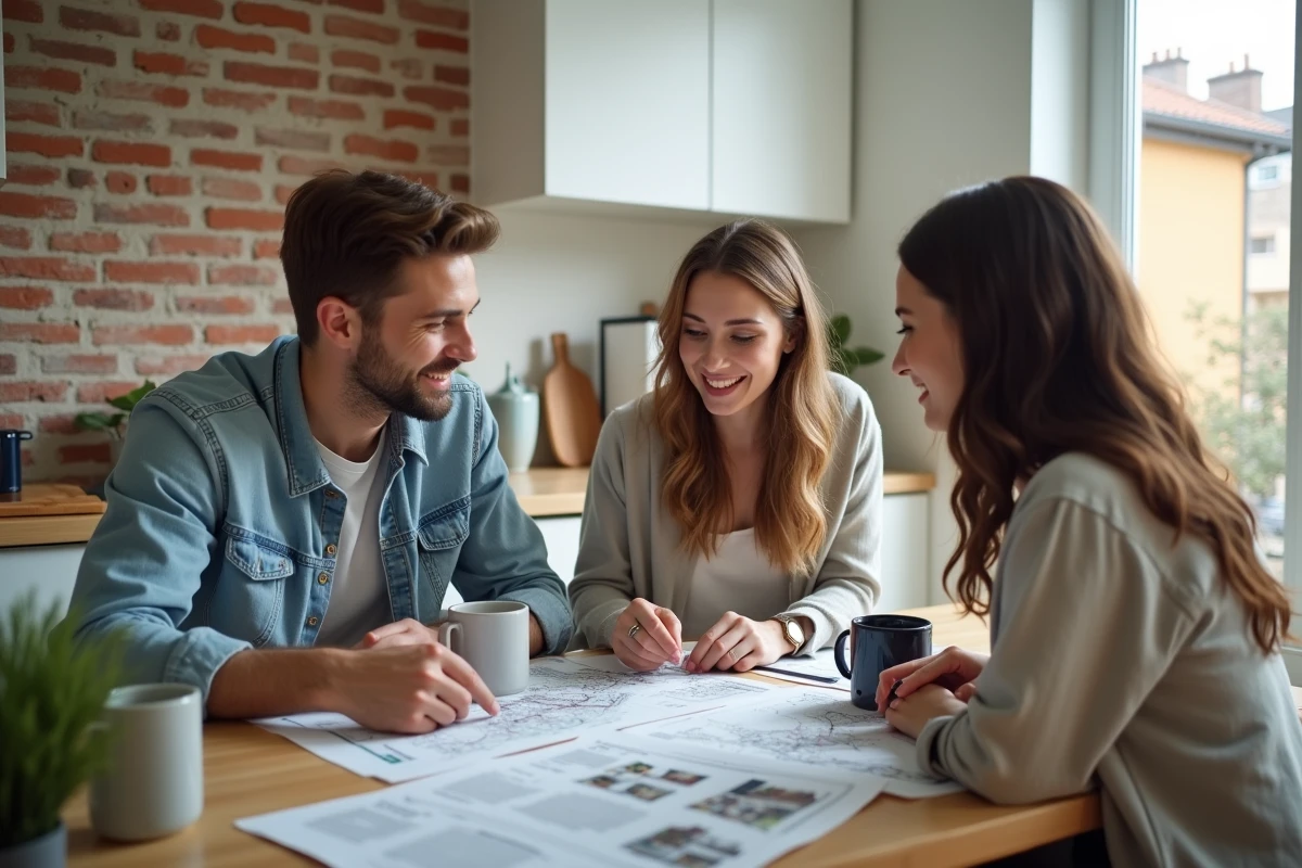 Couple et agent immobilier consultant un dossier d'estimation de bien immobilier
