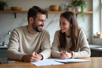 Couple souriant examinant des documents de prêt immobilier