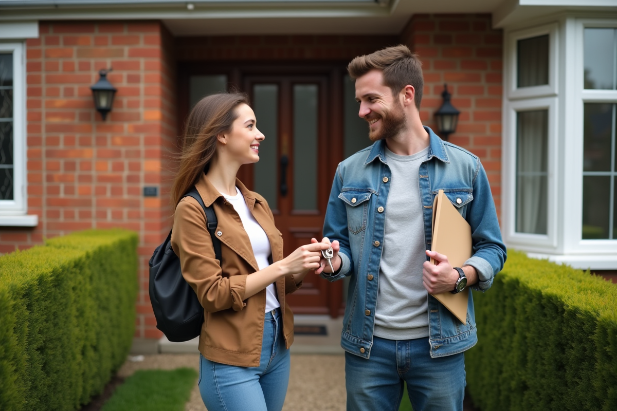 Jeune couple avec clés devant leur maison