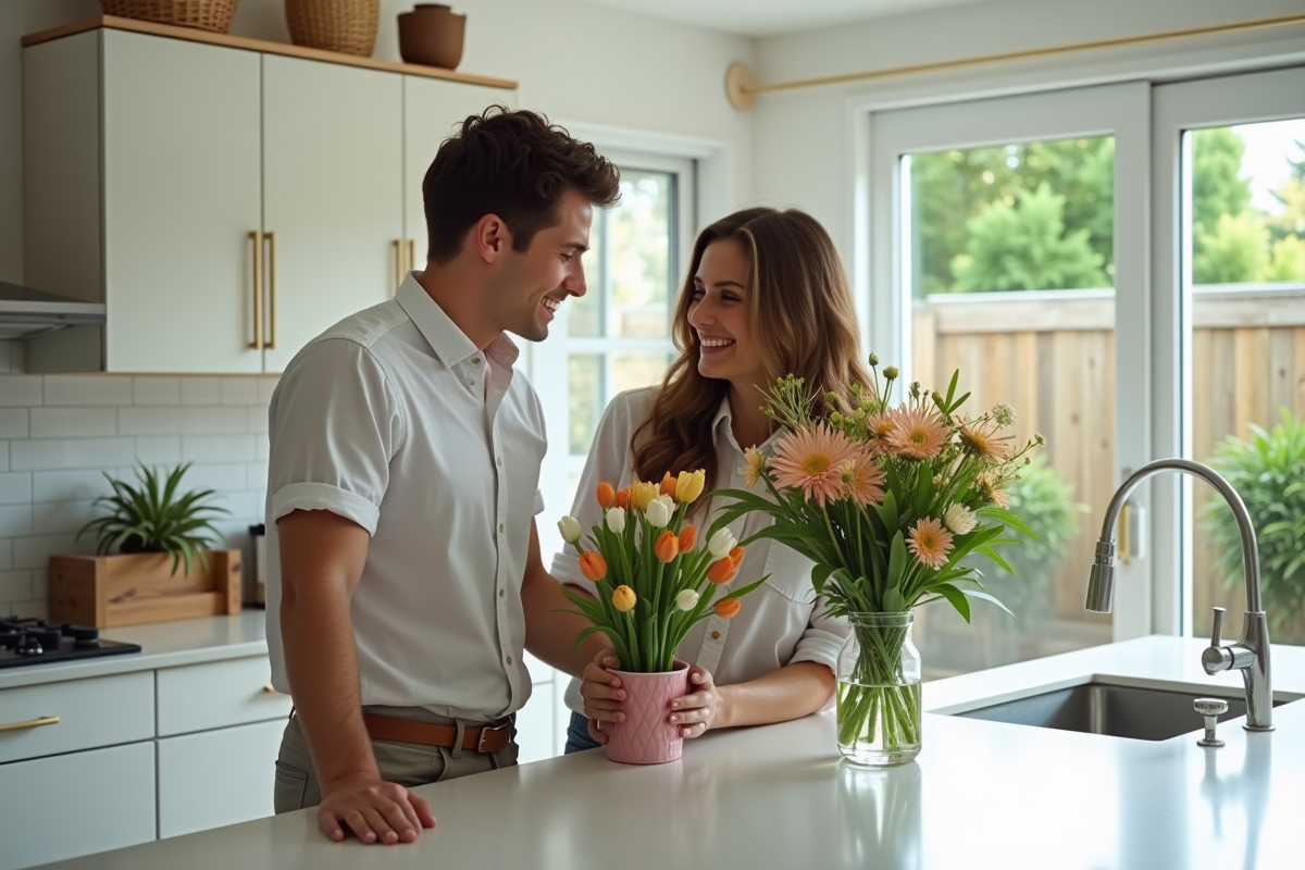 Jeune couple arrangeant des fleurs dans la cuisine lumineuse
