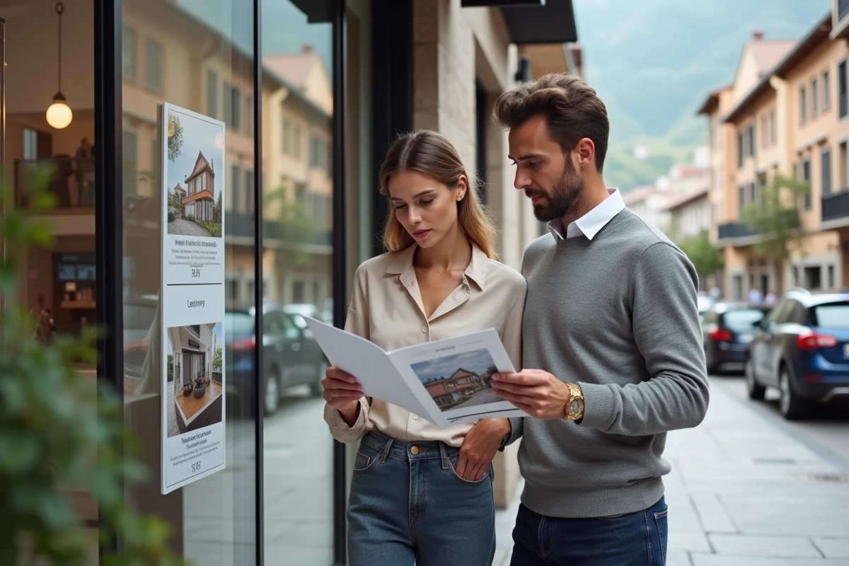 Un couple français devant une agence immobilière en Andorre la Vieille étudiant des annonces de propriétés