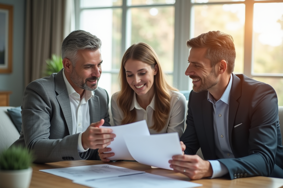 Couple examinant des documents immobiliers avec un conseiller en intérieur lumineux