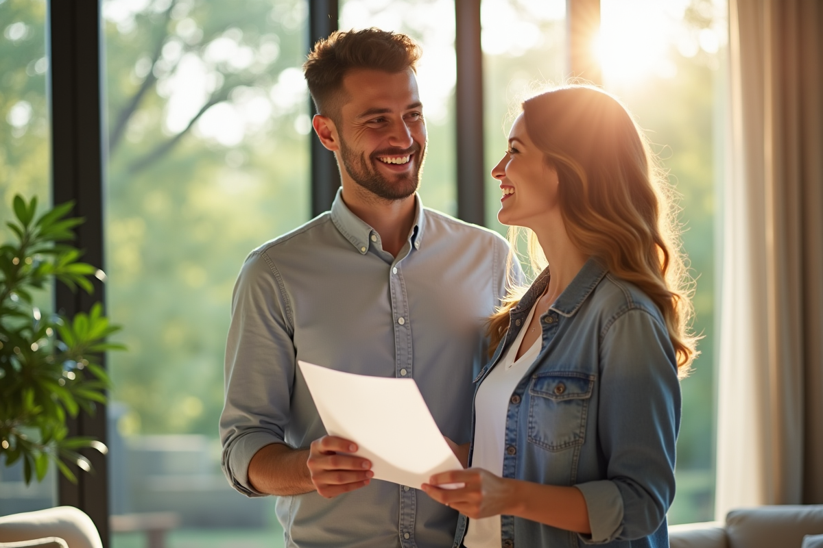 Jeune couple souriant dans un salon lumineux et moderne