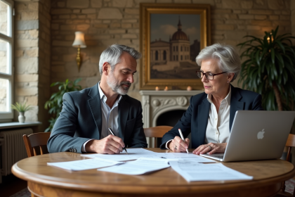 Couple d'adultes examinant des documents immobiliers dans un appartement parisien