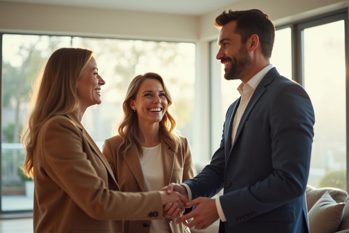 Couple souriant serrant la main d'un agent immobilier dans un salon lumineux