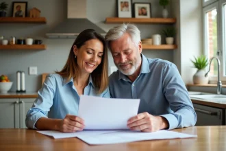 Couple d'adultes lisant des documents de vente maison dans une cuisine lumineuse