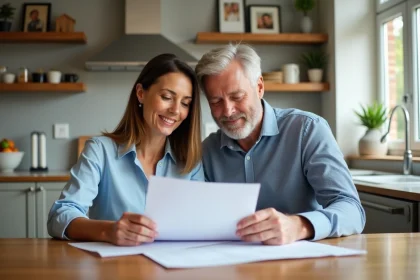 Couple d'adultes lisant des documents de vente maison dans une cuisine lumineuse