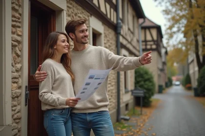 Jeune couple cherchant une location abordable devant un immeuble alsacien dans le Bas-Rhin