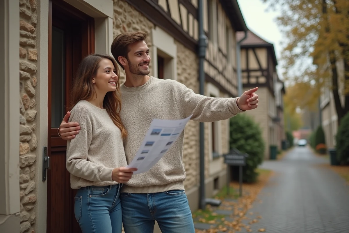 Jeune couple cherchant une location abordable devant un immeuble alsacien dans le Bas-Rhin