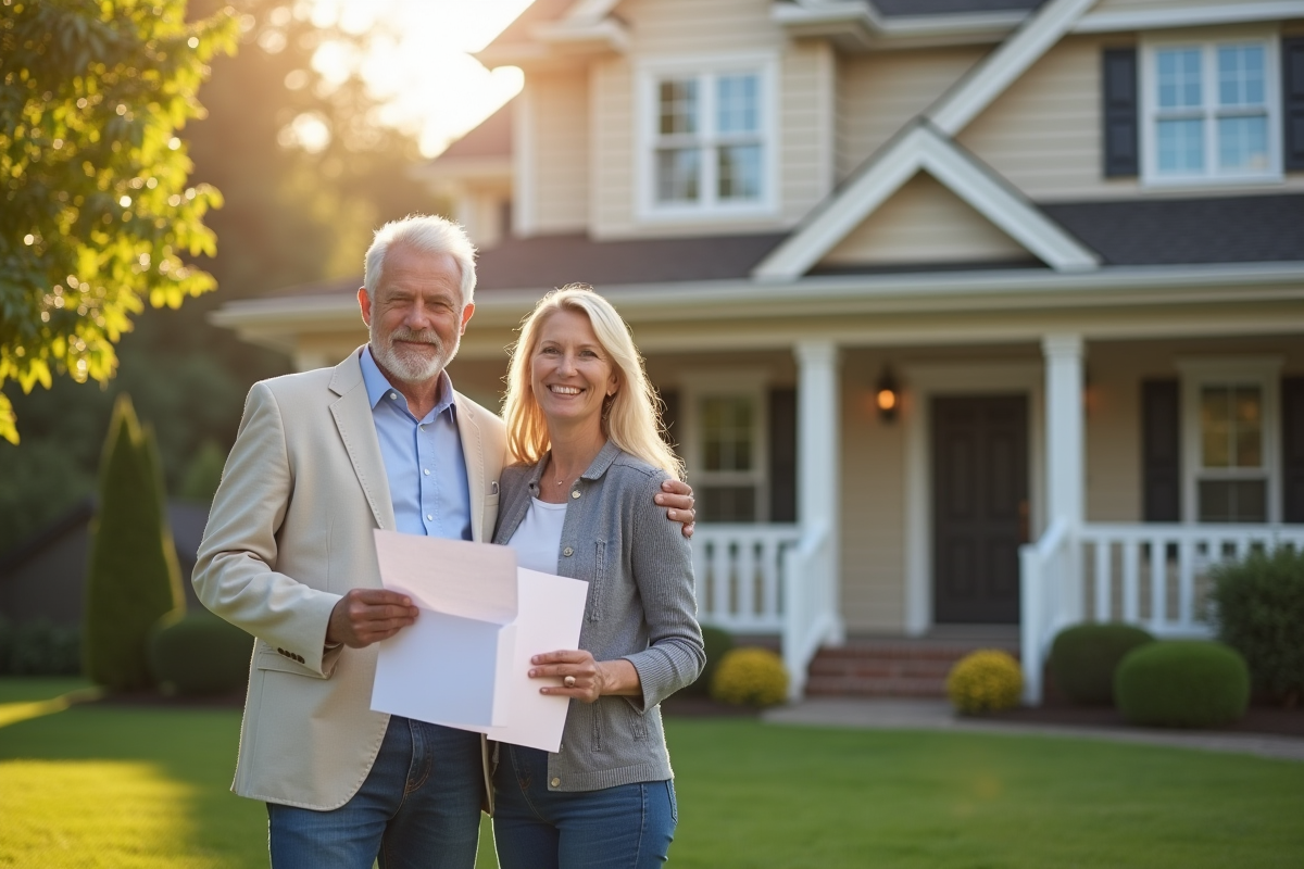 Couple heureux devant leur maison avec papiers en main
