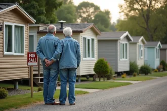Couple discutant devant une maison mobile en camping