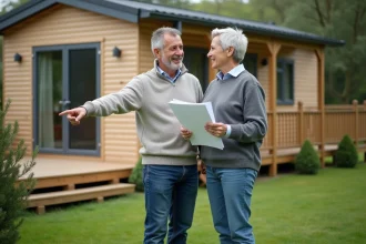 Couple devant maison mobile dans un jardin paisible