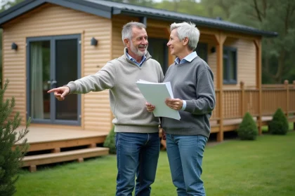 Couple devant maison mobile dans un jardin paisible
