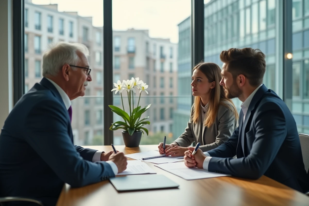 Jeune couple et notaire discutant d un contrat