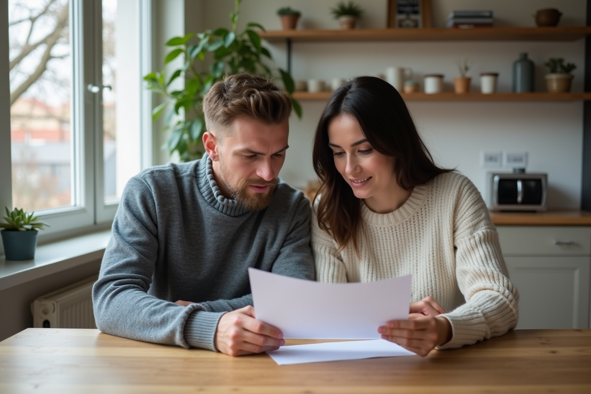 Jeune couple lisant des documents de prêt immobilier