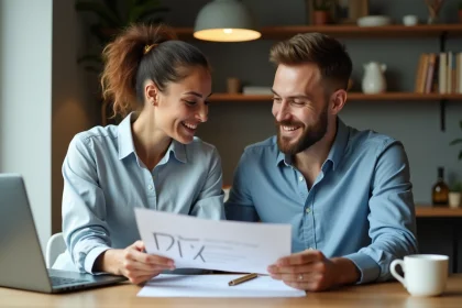 Couple souriant examinant des documents PTZ à la maison