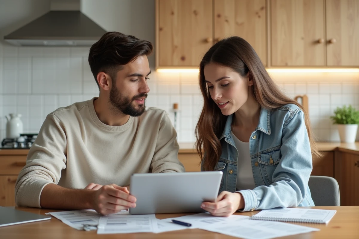 Couple examinant des annonces immobilières sur tablette et papier à la table de cuisine, représentant la recherche de logement avec 123loger après plusieurs mois d'utilisation