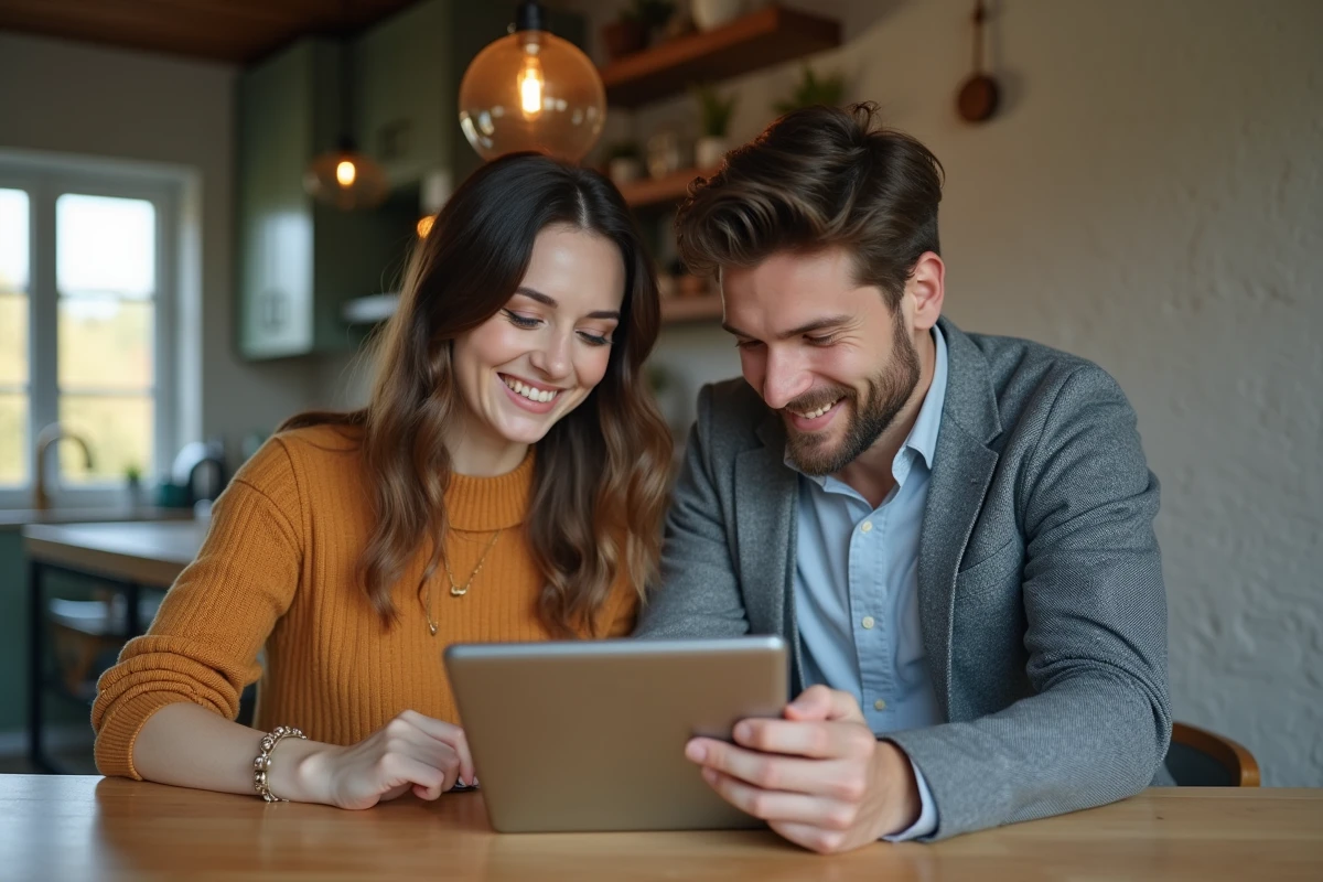 Jeune couple recherchant une maison avec une tablette