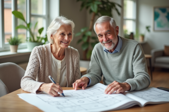 Couple senior souriant examinant plans architecturaux dans un salon lumineux