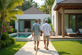 Couple français marche dans un jardin tropical à Koh Samui