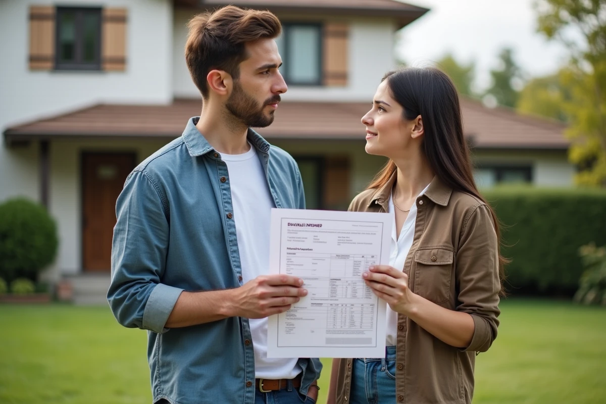 Jeune couple discutant devant une maison de banlieue