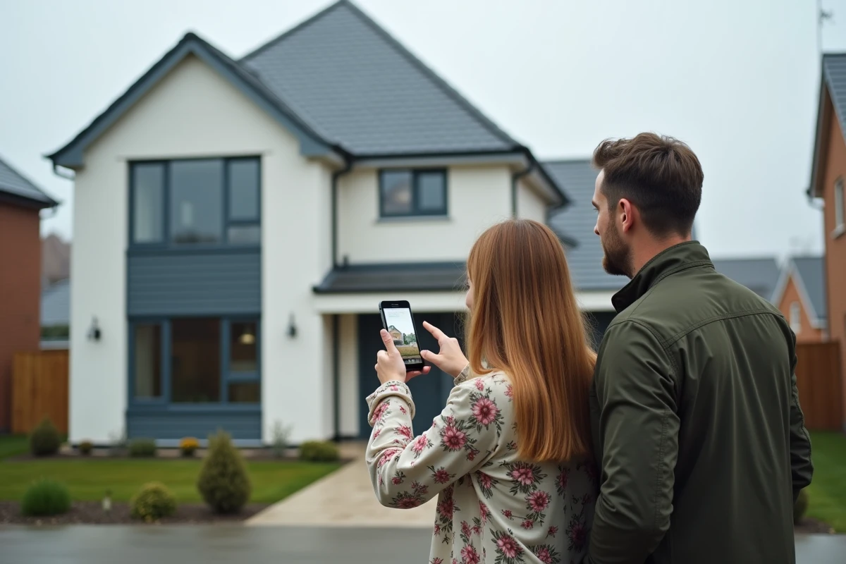 Couple consultant une visite virtuelle immobilière sur smartphone devant une maison moderne en extérieur