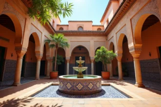 Cour intérieure d'un riad traditionnel à Marrakech avec fontaine en zellige et arches en stuc sculpté