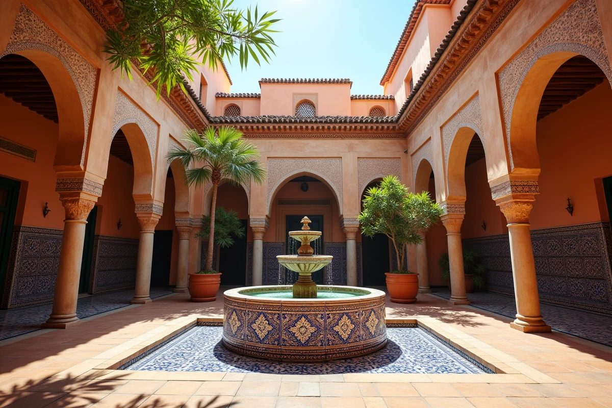 Cour intérieure d'un riad traditionnel à Marrakech avec fontaine en zellige et arches en stuc sculpté