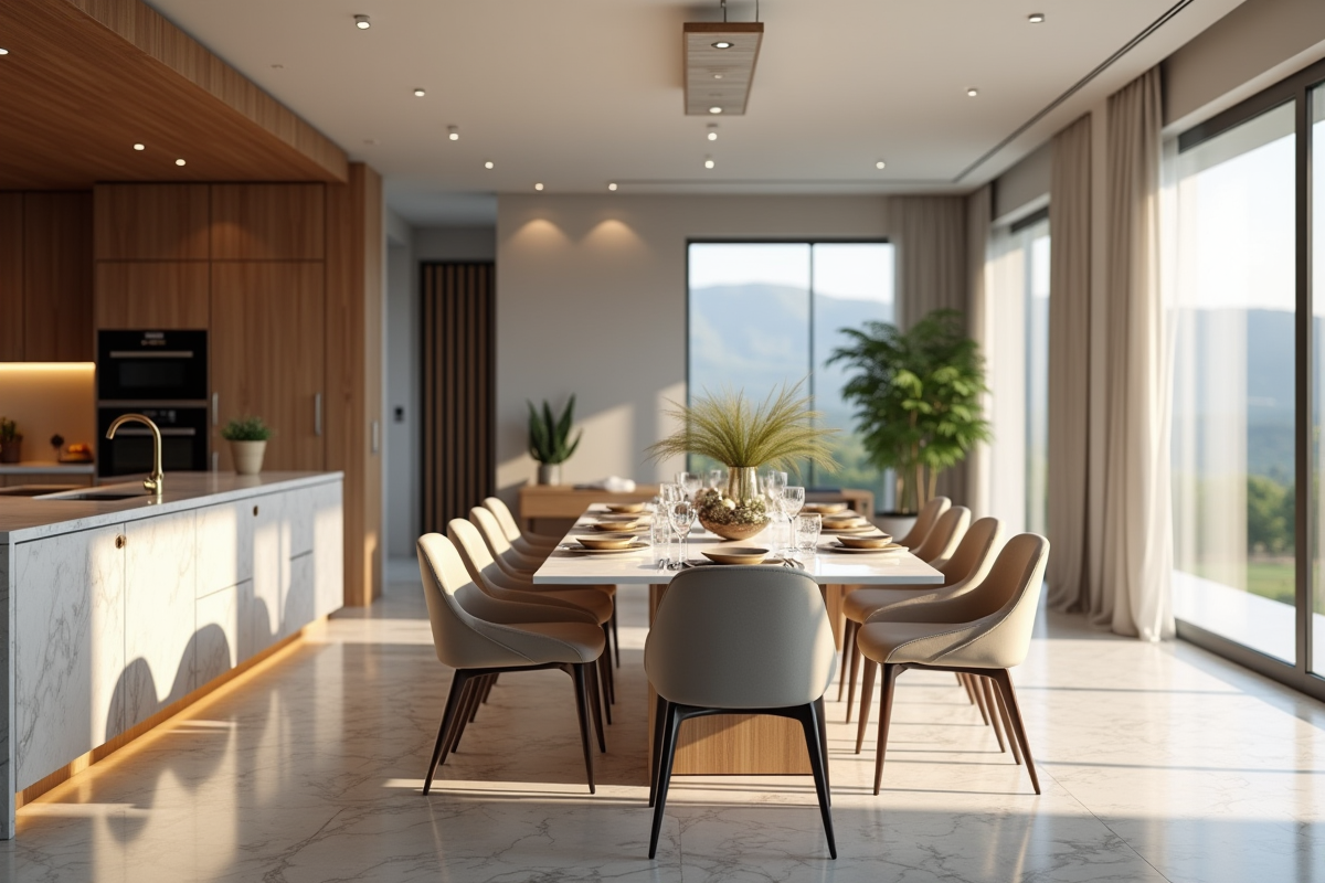 Cuisine ouverte avec plan de travail en marbre et table design