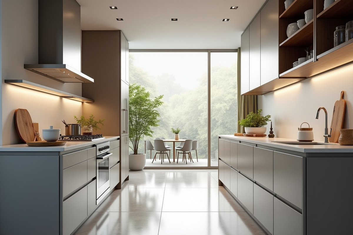 Intérieur cuisine moderne avec plans quartz et appareils en acier