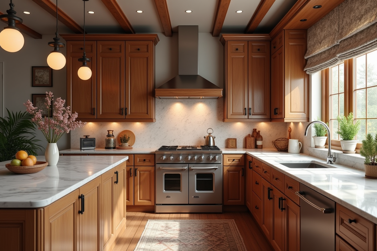 Cuisine traditionnelle avec meubles en bois et décoration chaleureuse
