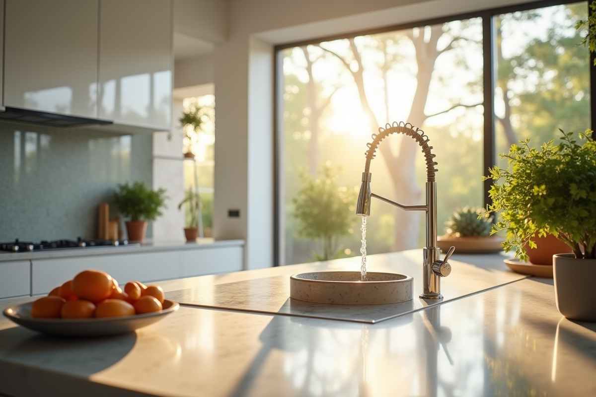 Cuisine moderne lumineuse avec plantes et éclairage naturel