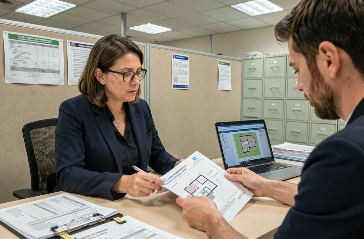 Femme déposant un dossier de permis de construire incluant un plan de coupe en mairie pour une extension de maison