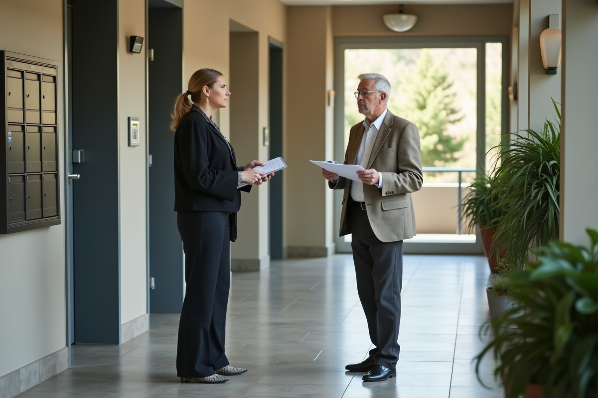 Femme d affaires discutant avec un homme age dans un hall d immeuble