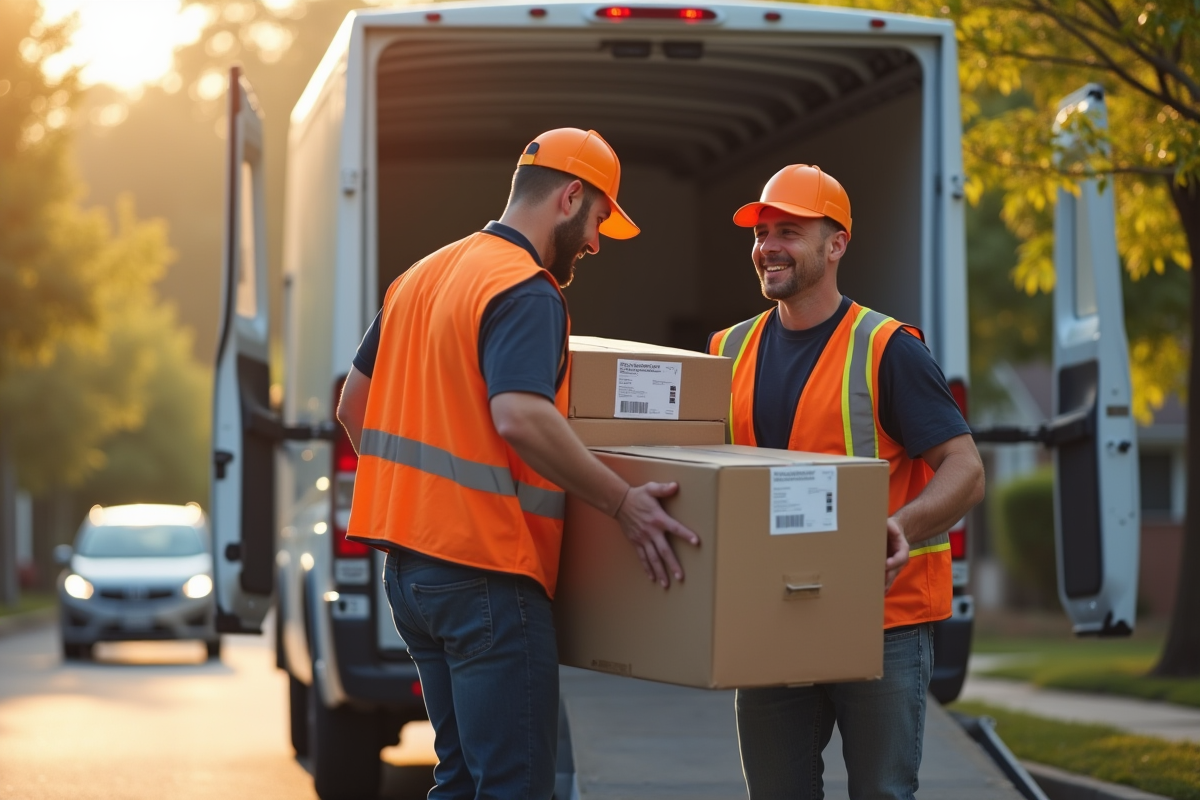 Déménageurs chargent des cartons dans une camionnette en matinée