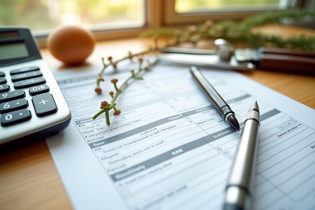 Document fiscal avec stylo et outils de taille sur une table en bois