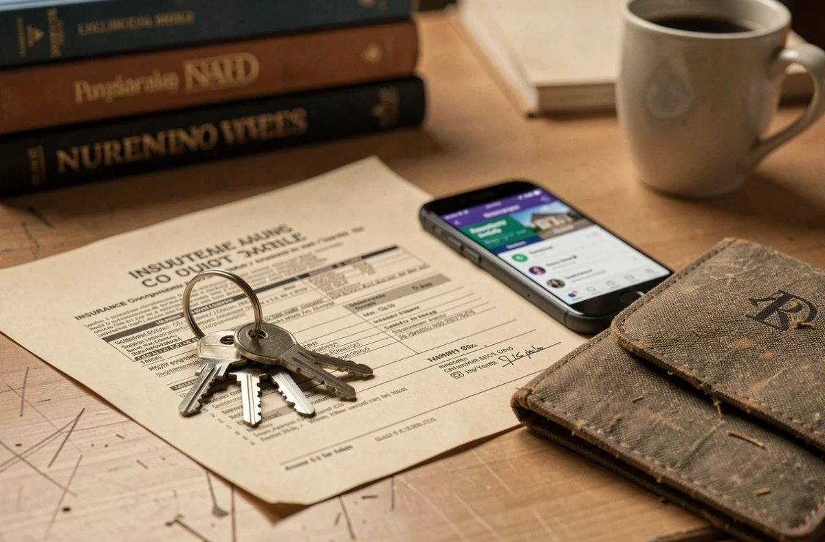 Documents d'assurance habitation, clés d'appartement et smartphone posés sur un bureau d'étudiant