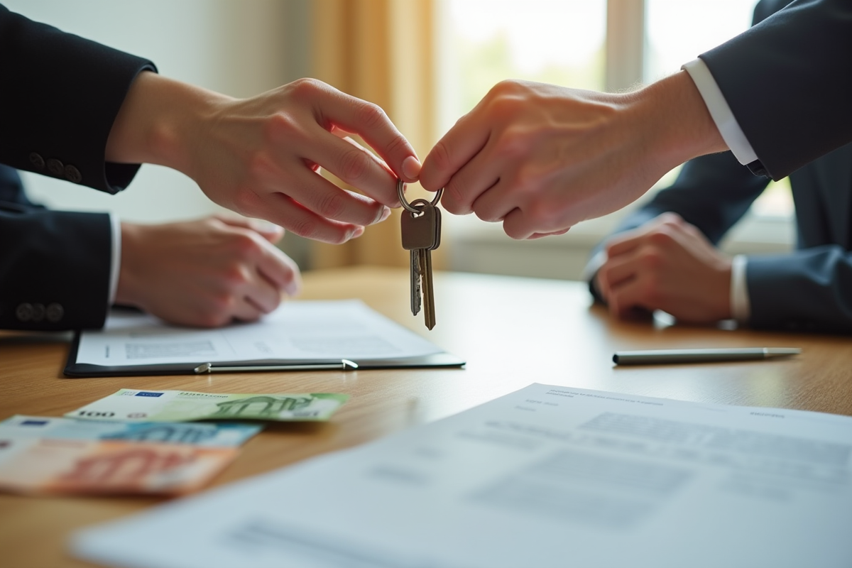 Main échangeant des clés de maison avec des billets de banque