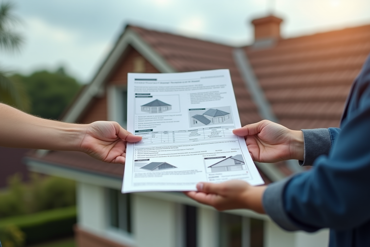 Deux mains échangeant un rapport d inspection de toiture en extérieur