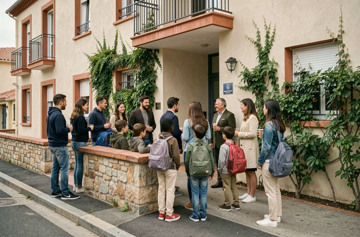 Parents et enfants devant l'entrée d'une école primaire dans un quartier résidentiel de Marseille