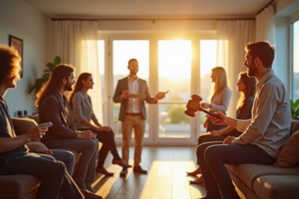 Vente aux enchères immobiliere dans un salon lumineux