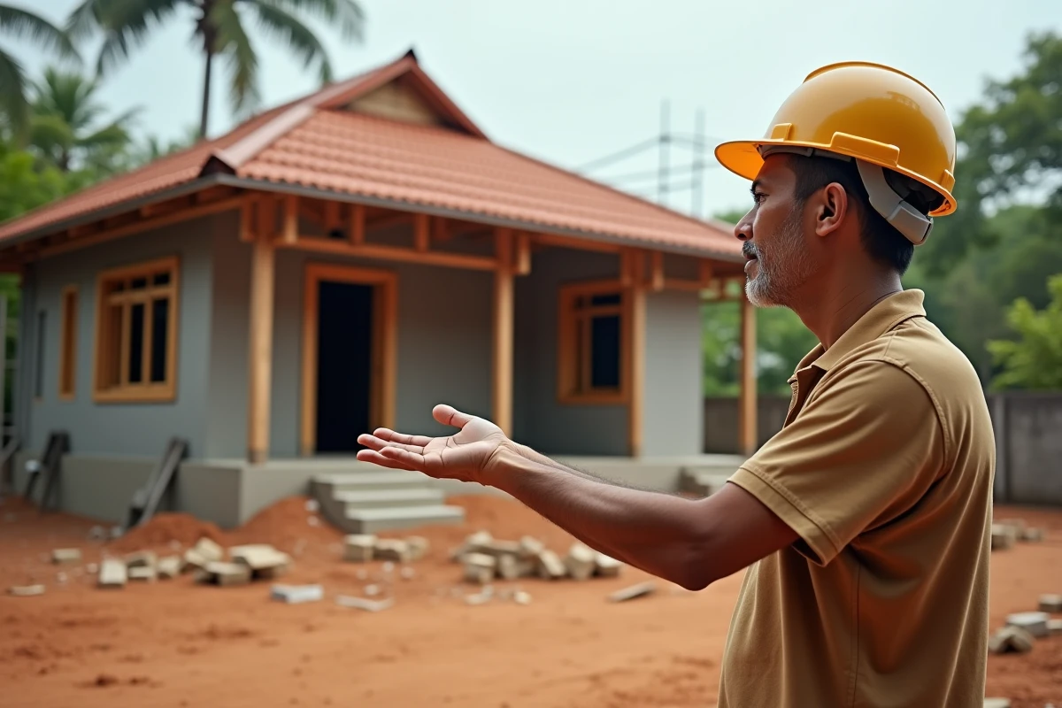 Entrepreneur thaïlandais en casque de sécurité devant une maison en cours de construction en Thaïlande avec charpente en bois et tuiles