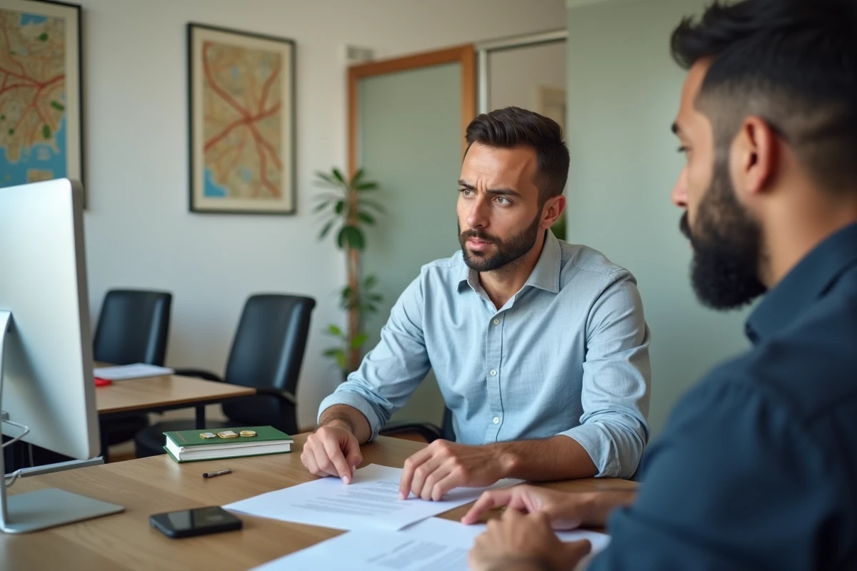 Acheteur français en réunion avec un agent immobilier marocain pour signer un contrat à Guéliz