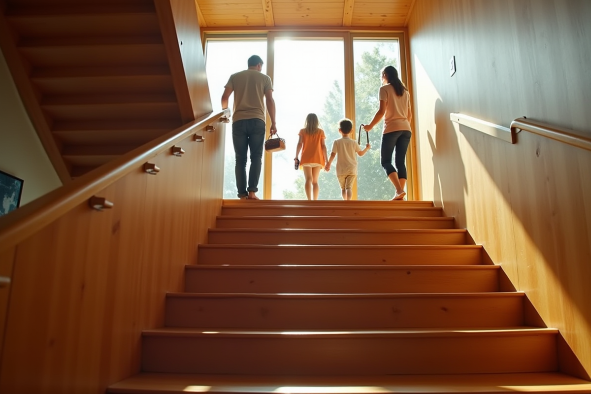 Escalier en bois moderne dans une maison ensoleillee avec personnes montant