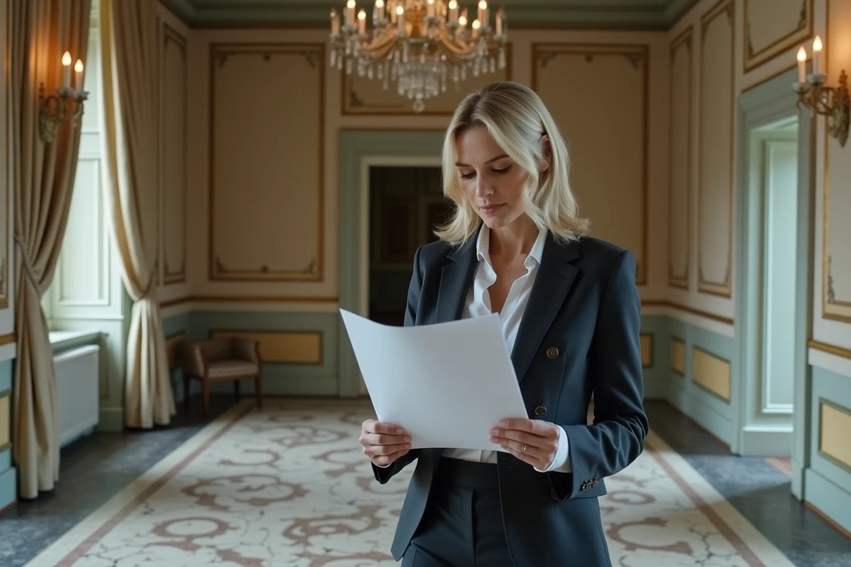 Agent immobilier féminin évaluant un manoir abandonné en tenant un document d'estimation dans un hall d'entrée délabré