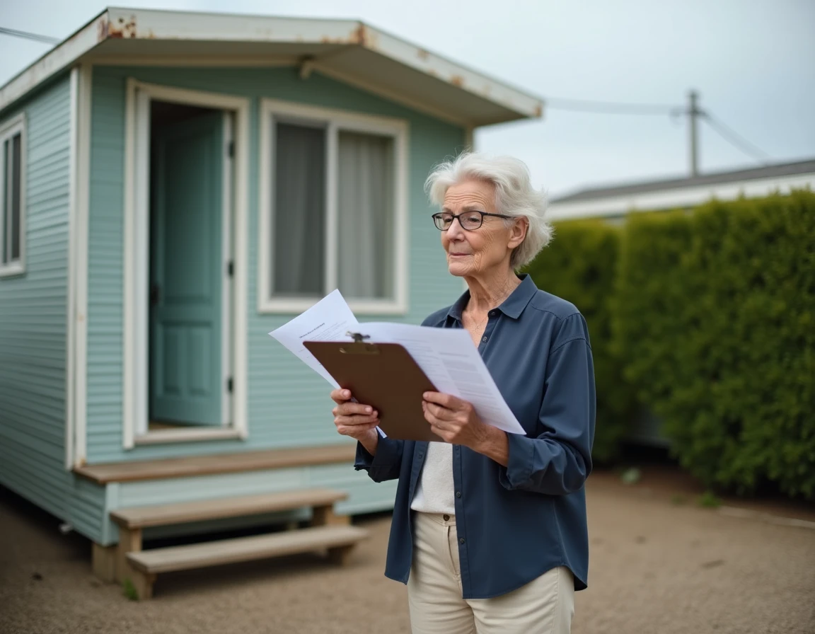 Femme évaluant des documents de vente devant un mobil home vieillissant dans un parc résidentiel de loisirs