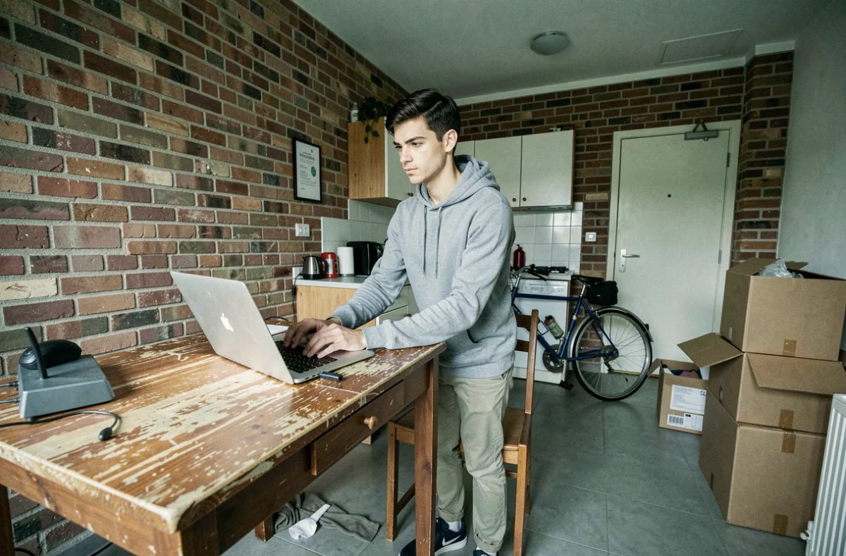 Étudiant comparant des offres d'assurance habitation sur son ordinateur dans un studio meublé