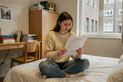 Étudiante lisant un contrat d'assurance habitation dans sa chambre universitaire